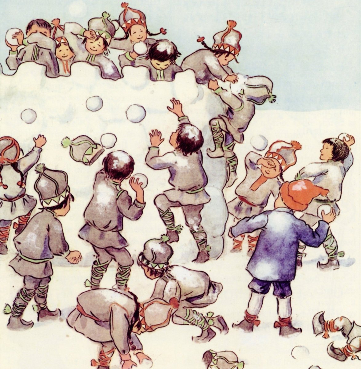 Elsa Beskow - Snowball fight From Ollie's Ski Trip 1907 | Dimensions 4005 x 4095 pixels